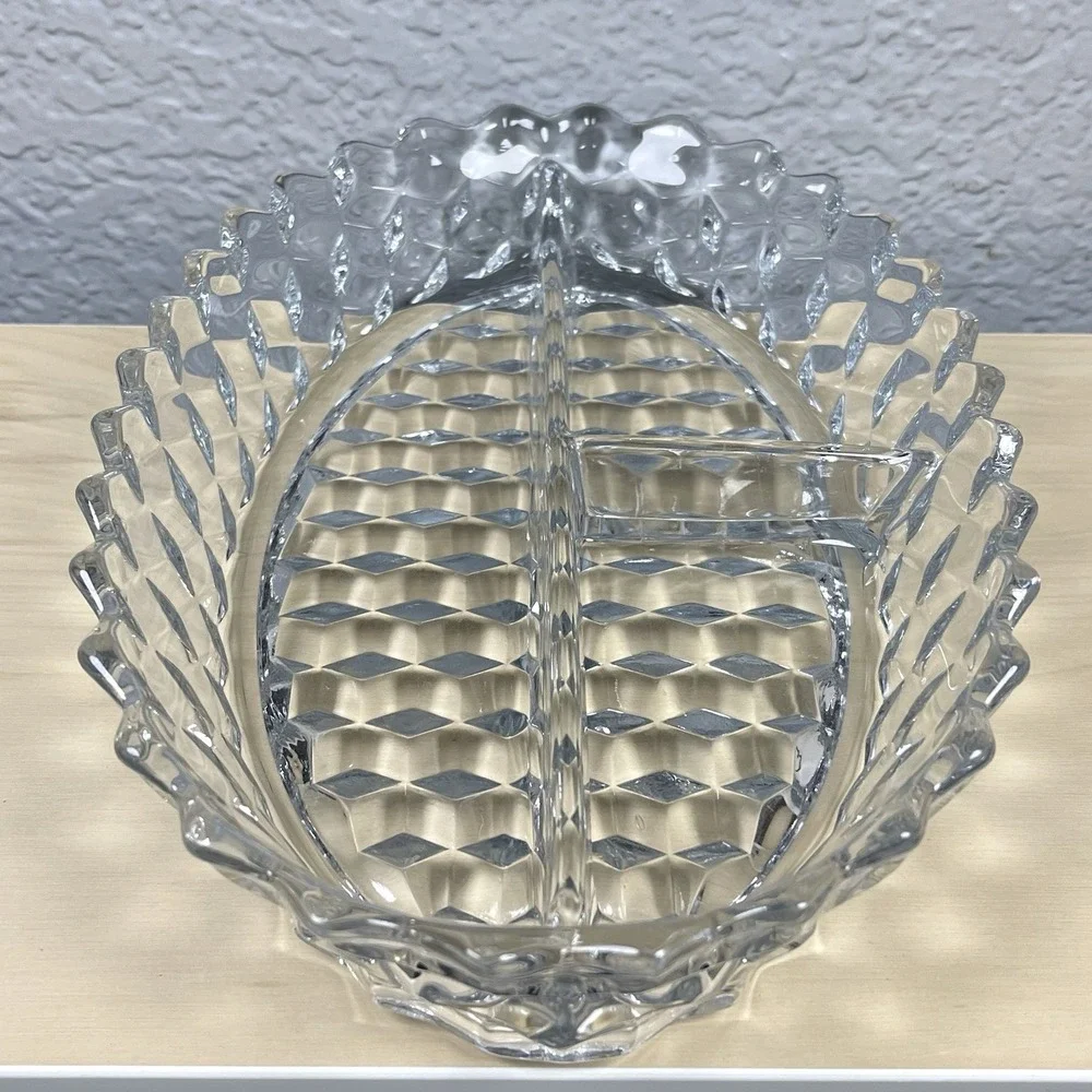 Vintage Fostoria American Cubist‎ 3 Divided Oval Dish Relish Snack Vegetable